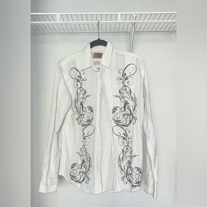 Vintage RED Earth Toned Pinstripe With Decal Long Sleeve Button Down